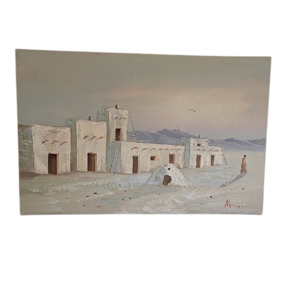 K. Mescal original signed painting Southwest Native American Pueblo 33x21 inches - Picture 10 of 11